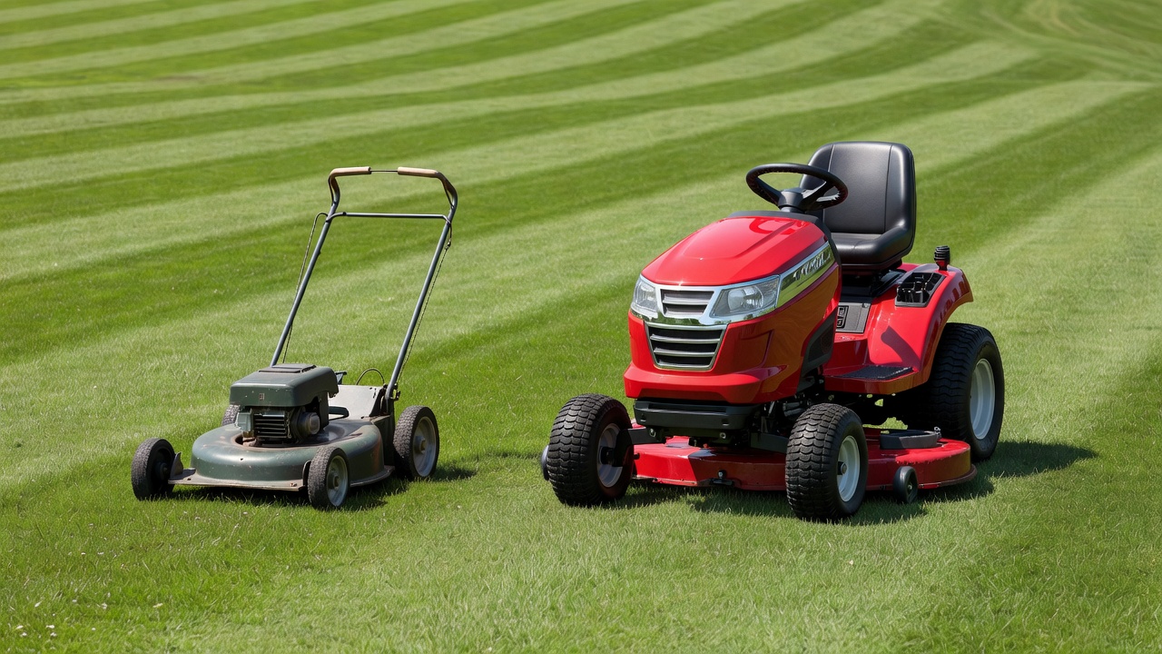 A push mower and a riding lawn mower parked on a lawn.