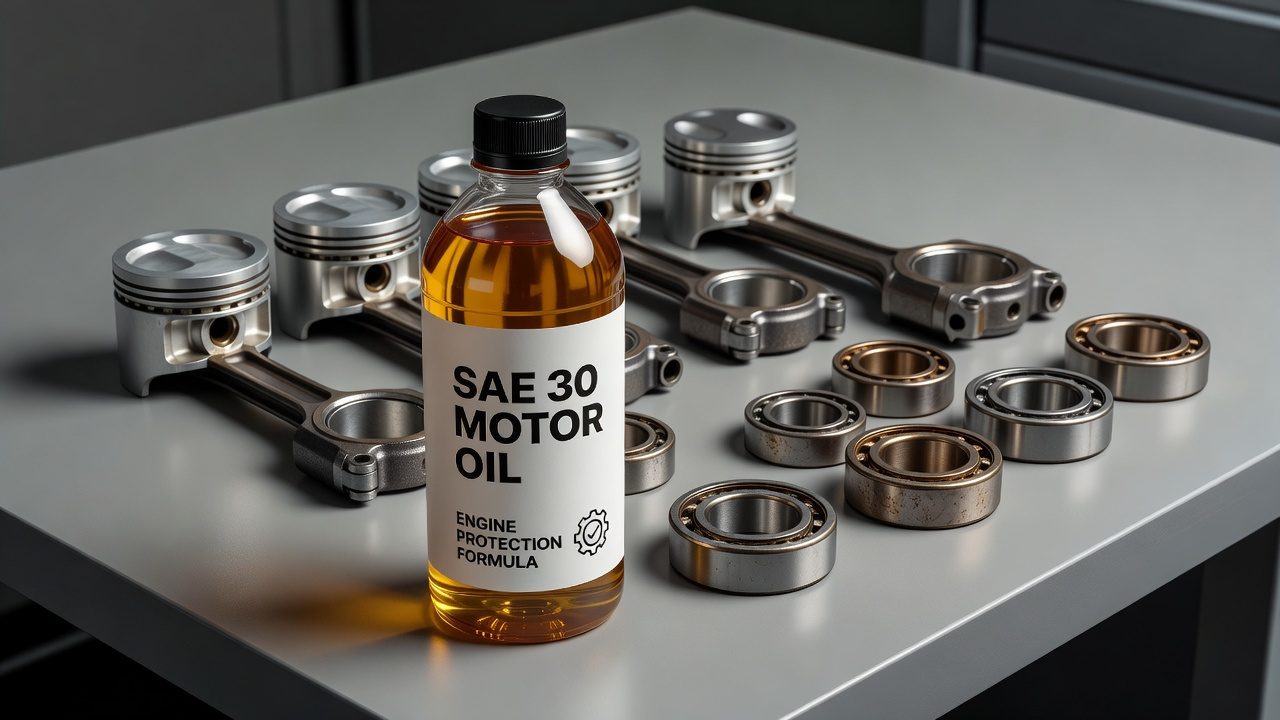 SAE 30 oil bottle with engine components