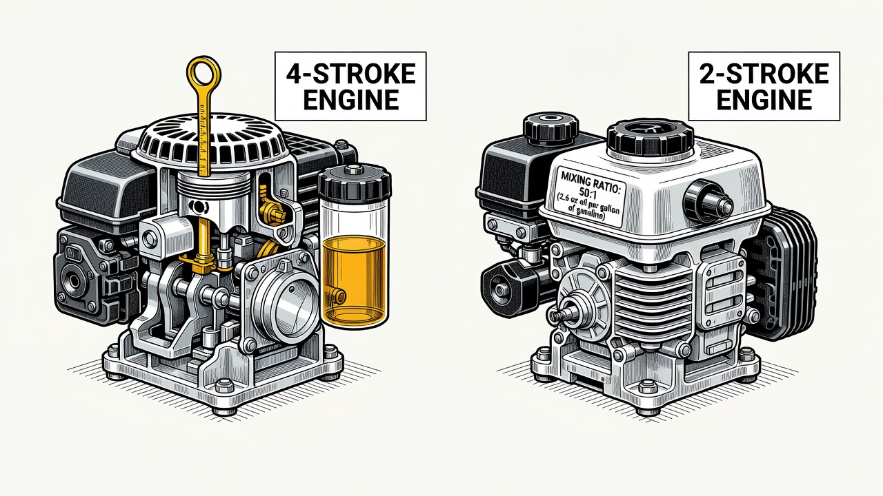 Comparison of 4-stroke and 2-stroke lawn mower engines showing oil reservoir and dipstick differences