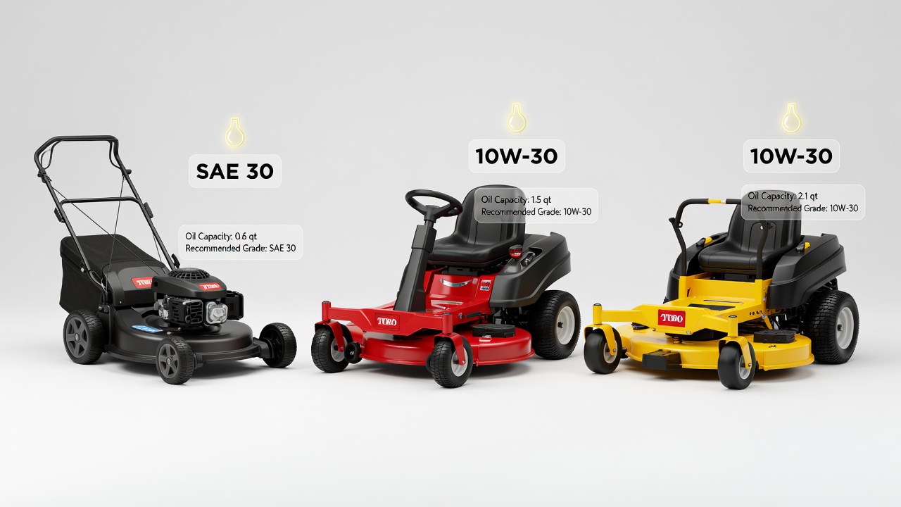 What Oil Does a Toro Lawn Mower Take? (By Engine Type, Grade & Capacity) Three Toro mower types showing walk-behind, riding, and zero-turn models with oil type recommendations