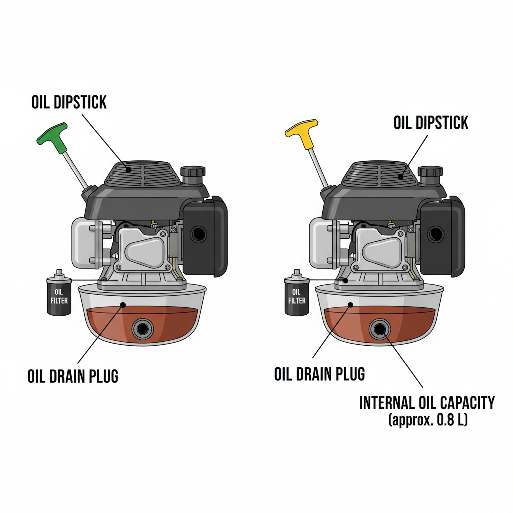 Comparison of walk-behind and riding mower engine oil systems showing size and capacity differences