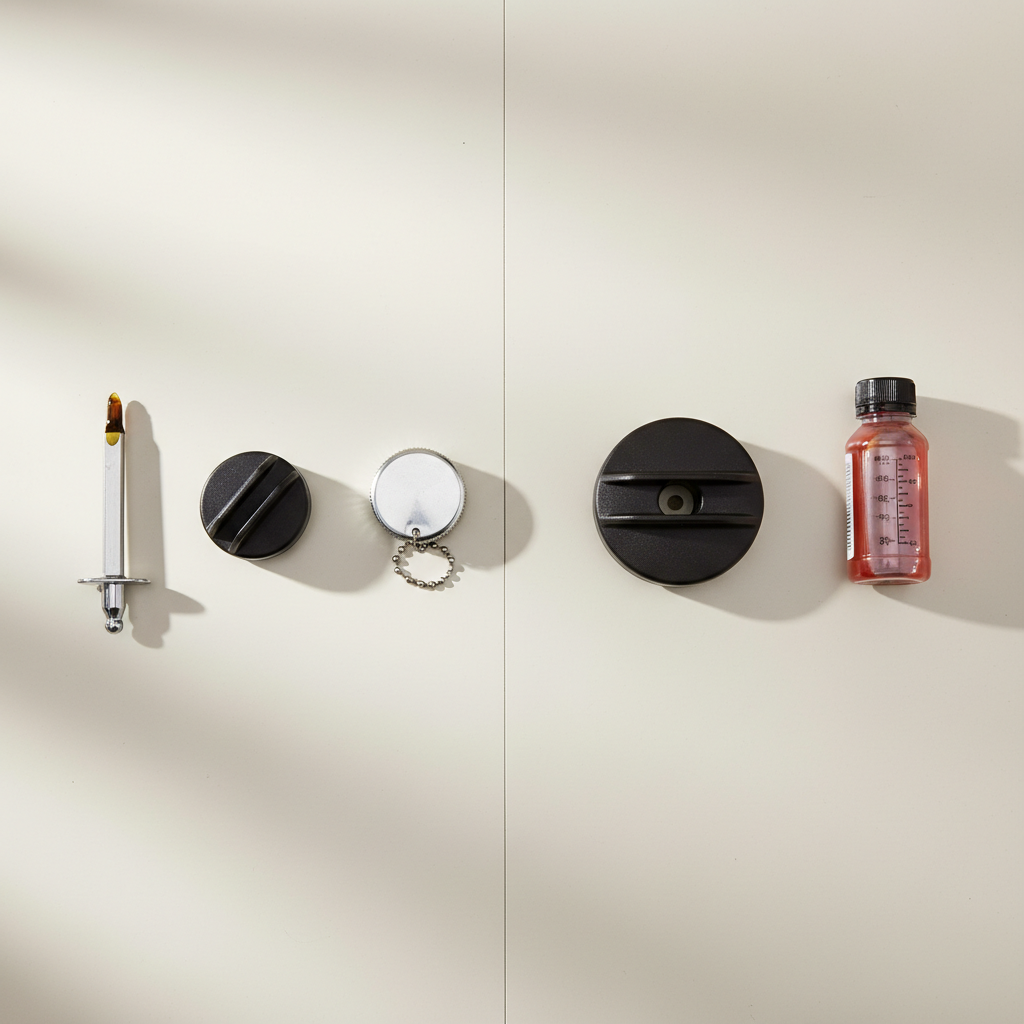 Dipstick and dual caps beside a single cap with oil bottle illustrating 4-stroke and 2-stroke engine differences
