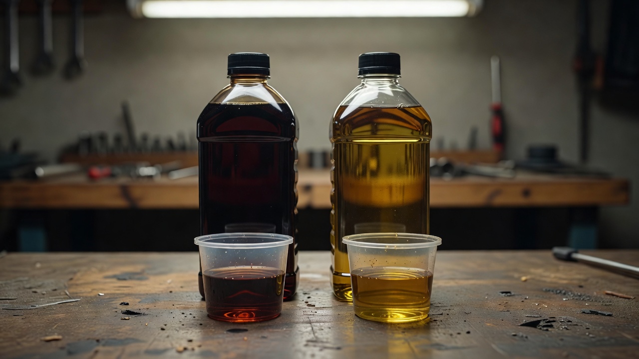 Two unlabeled oil bottles with different oil colors on a garage workbench.