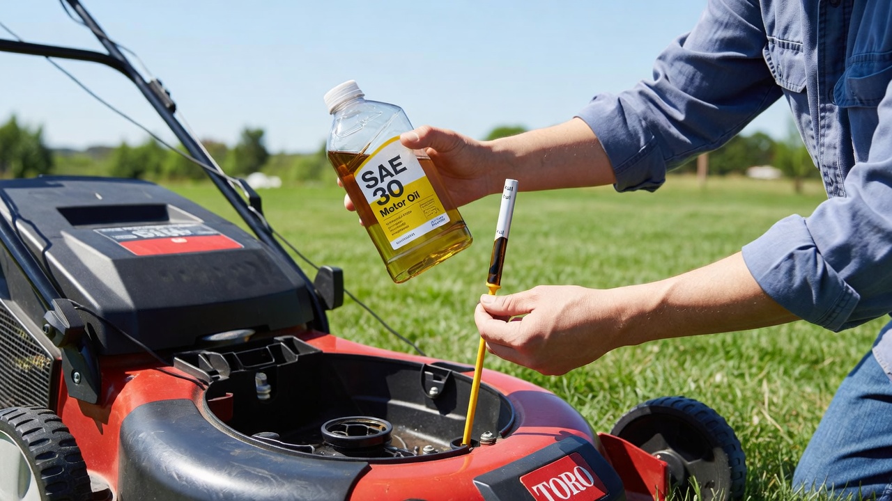 Person holding SAE 30 oil bottle next to a Toro mower's dipstick.