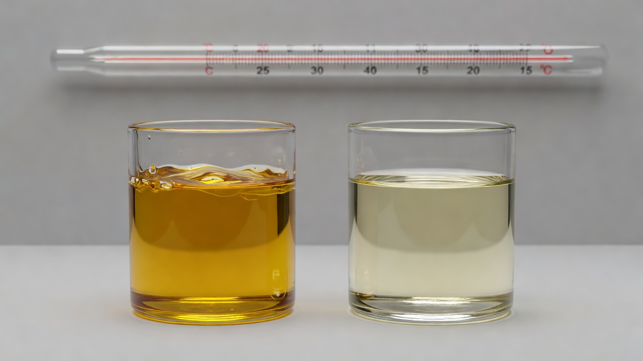 Two containers showing oil viscosity differences for temperature comparison