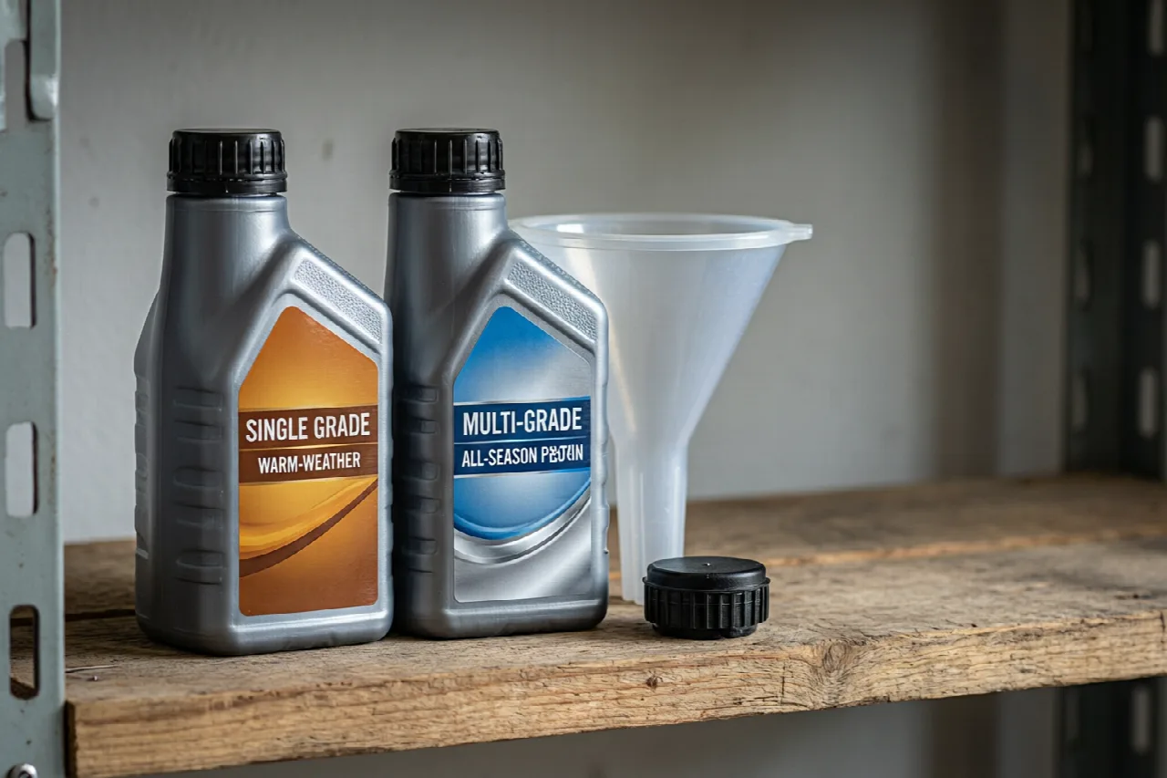 Two motor oil bottles of different viscosities with a funnel on a garage shelf