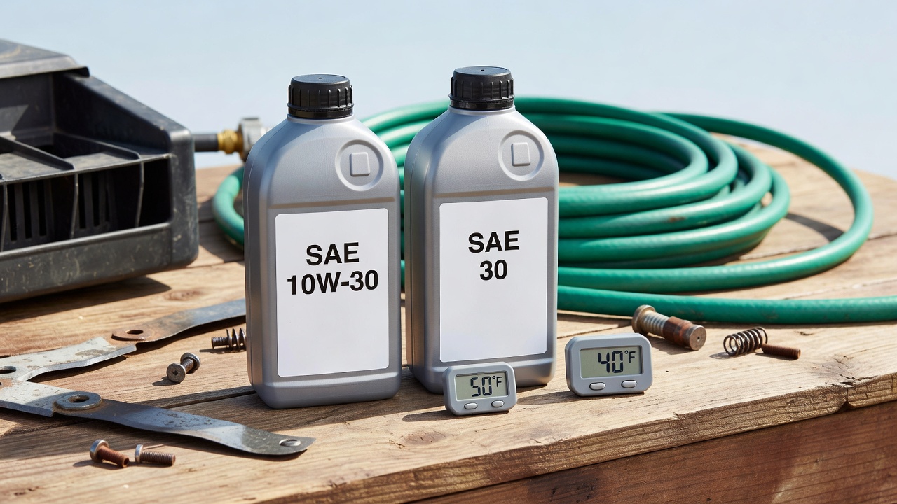 What Oil for Honda Lawn Mower: A Complete Guide to Viscosity, API Standards, and Temperature Comparison of SAE 10W-30 and SAE 30 oil bottles with temperature indicators for warm vs cool conditions.