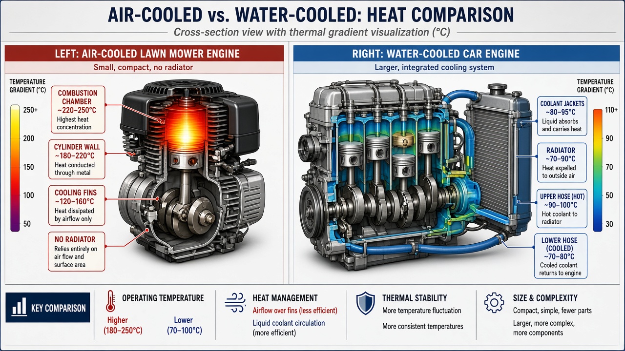 Comparison of air-cooled lawn mower engine versus water-cooled car engine showing structural differences