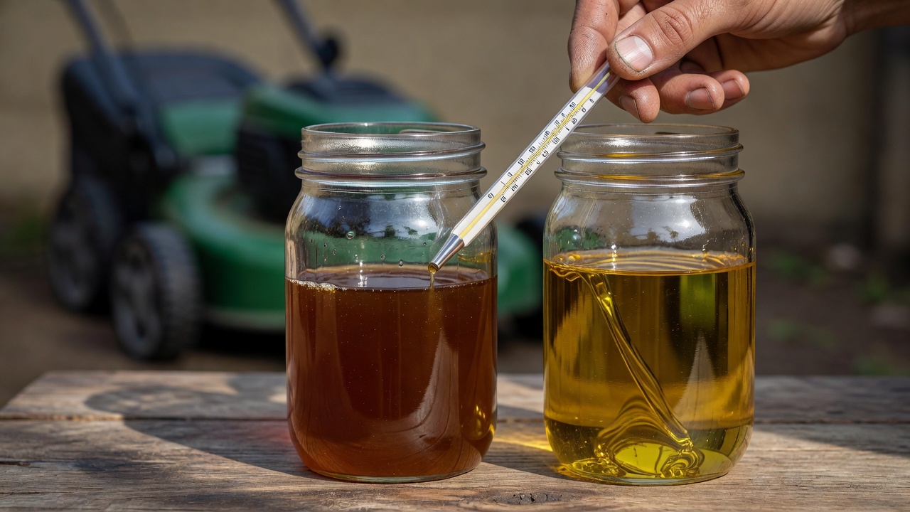 Person demonstrating how oil viscosity changes with temperature using oil samples and a thermometer.