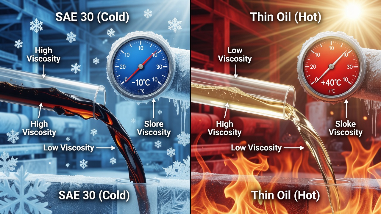 Comparison of oil viscosity in cold versus hot temperatures with visual flow rates