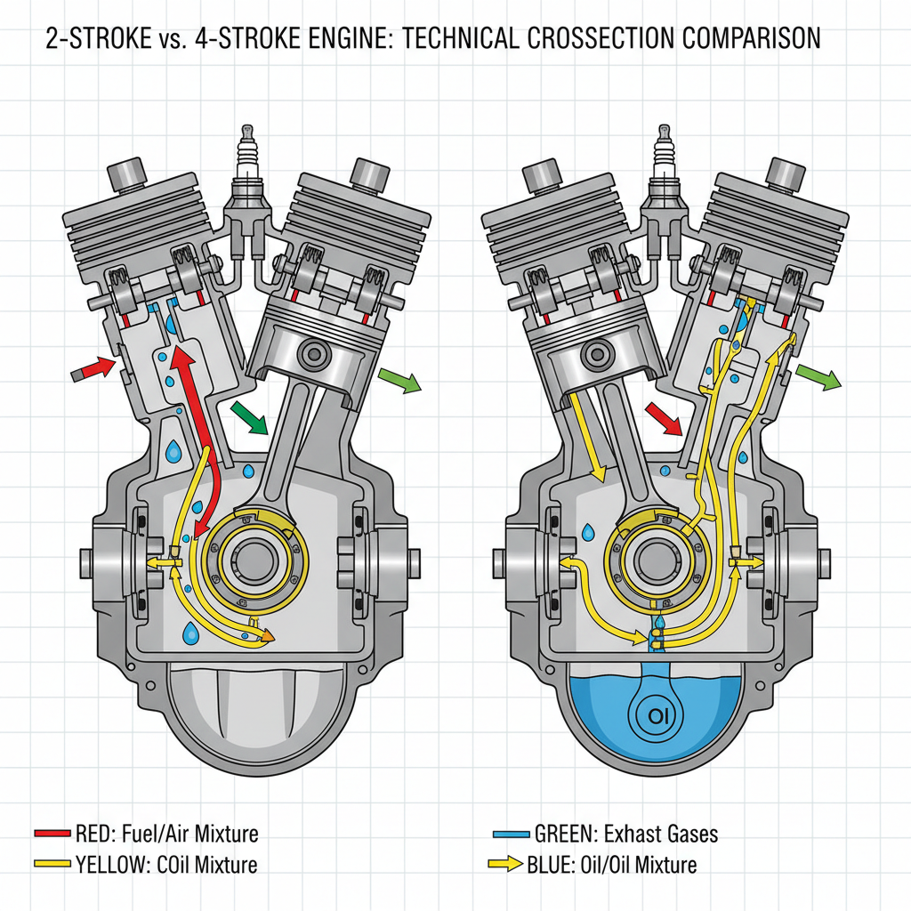 Cross-section comparison of 2-stroke and 4-stroke engine internals