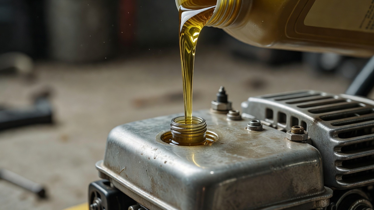 Close-up of motor oil being poured into a small lawn mower engine.