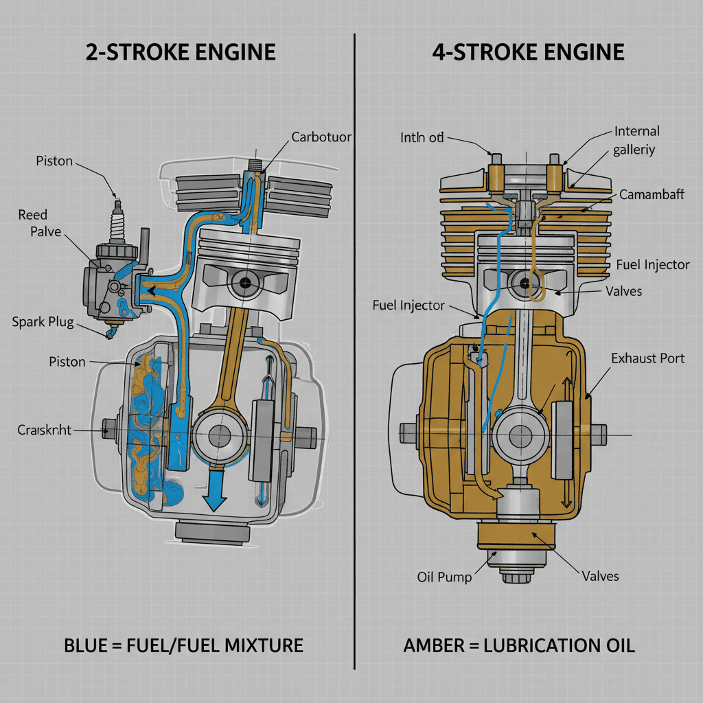 Internal oil circulation comparison between 2-stroke and 4-stroke engines