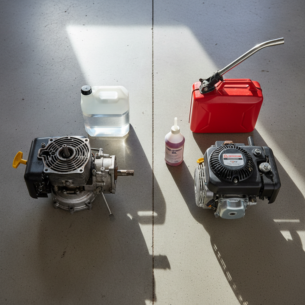 Four-stroke lawn mower engine beside a petrol can, and a two-stroke engine beside a petrol can and two-stroke oil bottle