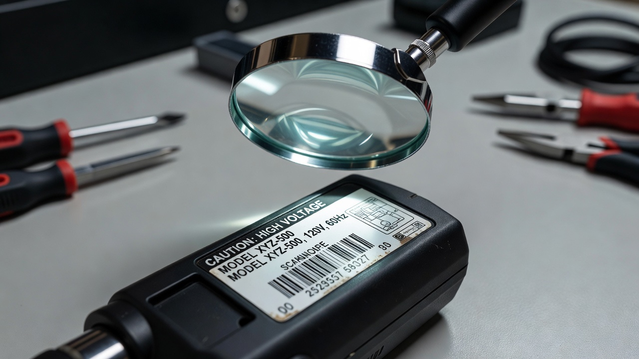 Magnifying glass inspecting a power tool label on a workbench.