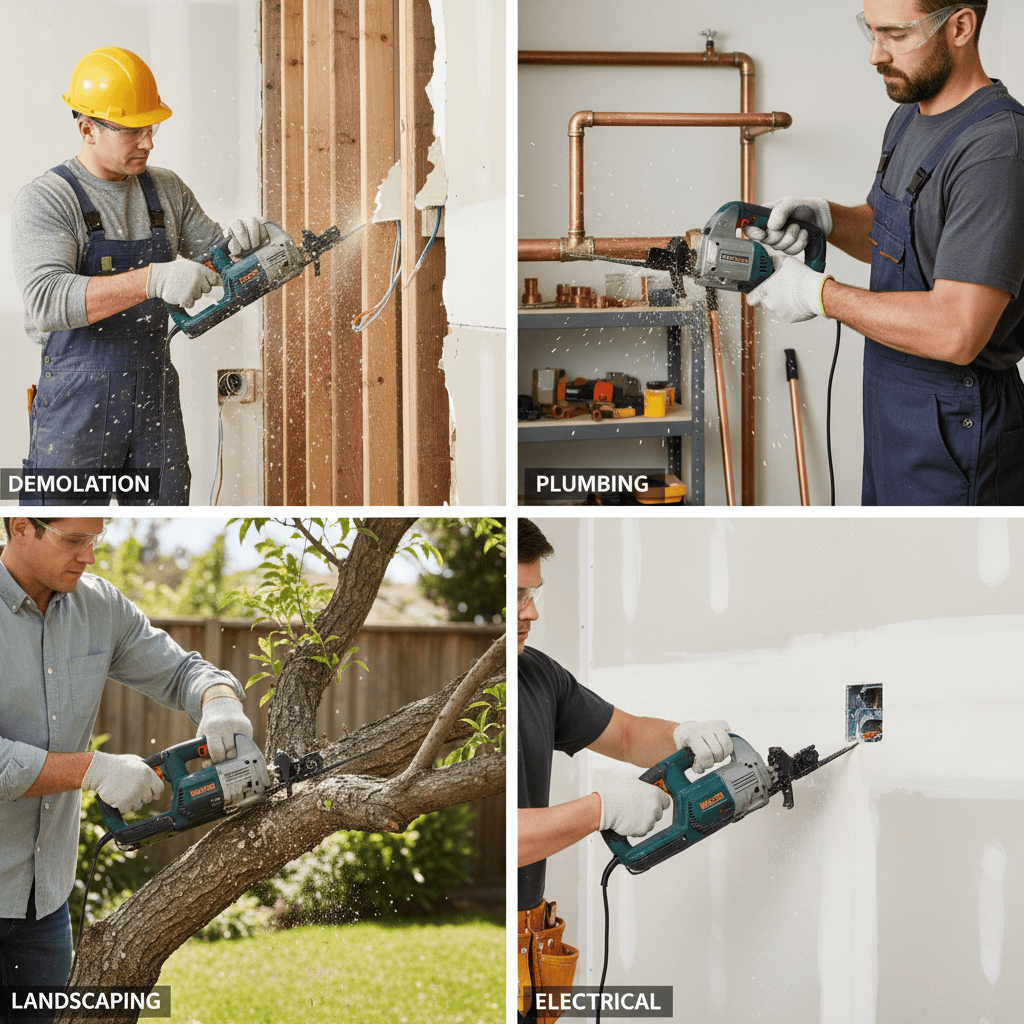 Four common reciprocating saw applications: demolition, pipe cutting, pruning, and drywall work