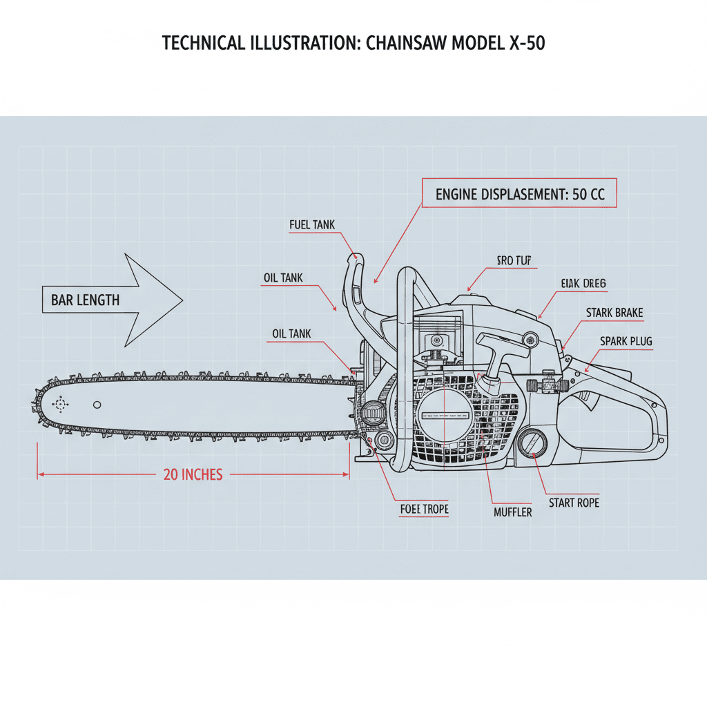 Labeled chainsaw diagram showing bar length measurement and engine displacement specifications