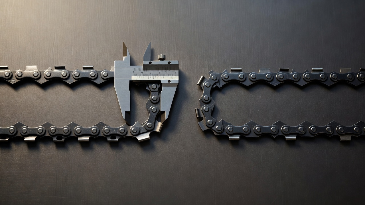 Two chainsaw chain segments comparing standard 3/8-inch pitch and 3/8 LP Picco cutter sizes with a caliper measuring rivet spacing