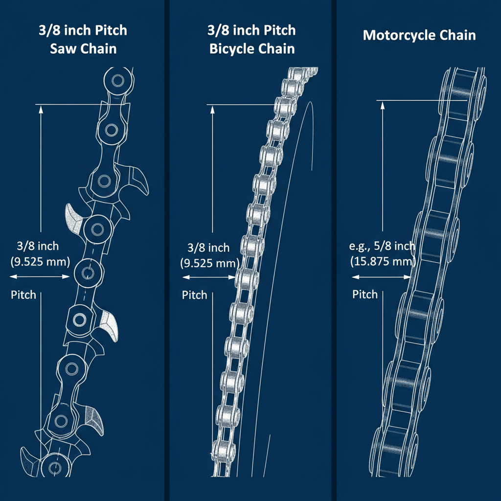 Visual comparison of saw chain, bicycle chain, and motorcycle chain types with pitch measurements