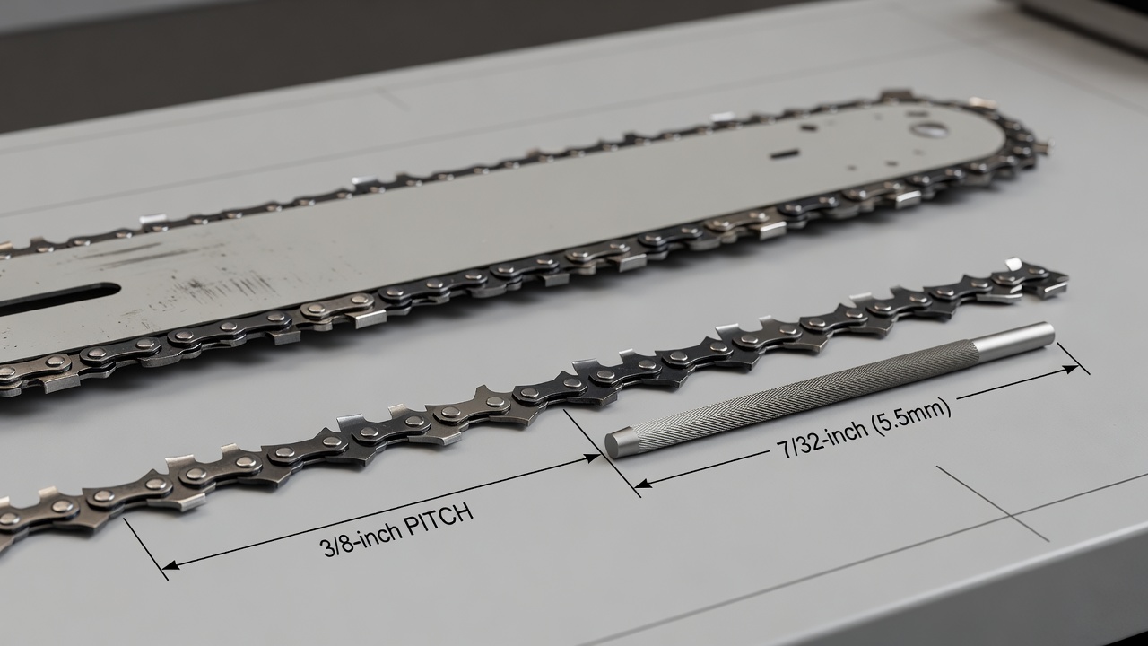 What Size File for a 3/8-Inch Chainsaw Chain? (Direct Answer & Sharpening Guide) Diagram showing 3/8-inch chainsaw chain and 7/32-inch file size comparison.