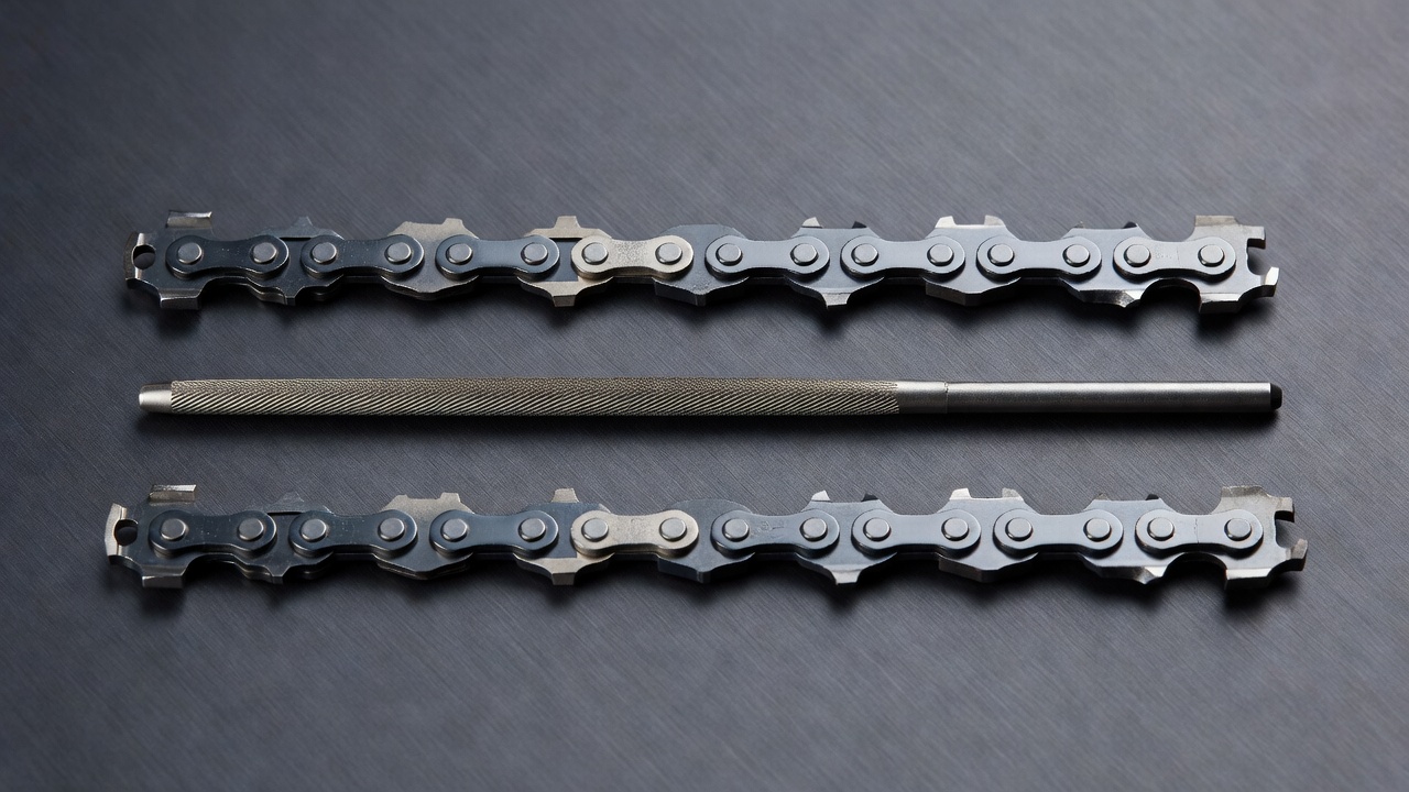 5/32-inch and 3/16-inch round files laid beside two chainsaw chain sections showing different cutter heights