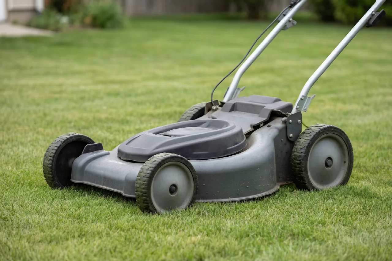 Side view of a walk-behind mower showing the cutting deck under a compact chassis
