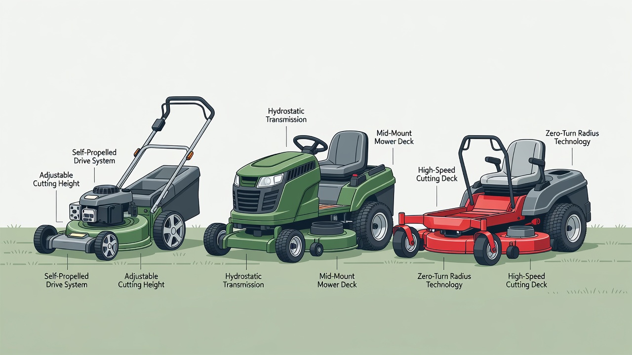 Three types of lawn mowers displayed for comparison: walk-behind, garden tractor, and zero-turn mower