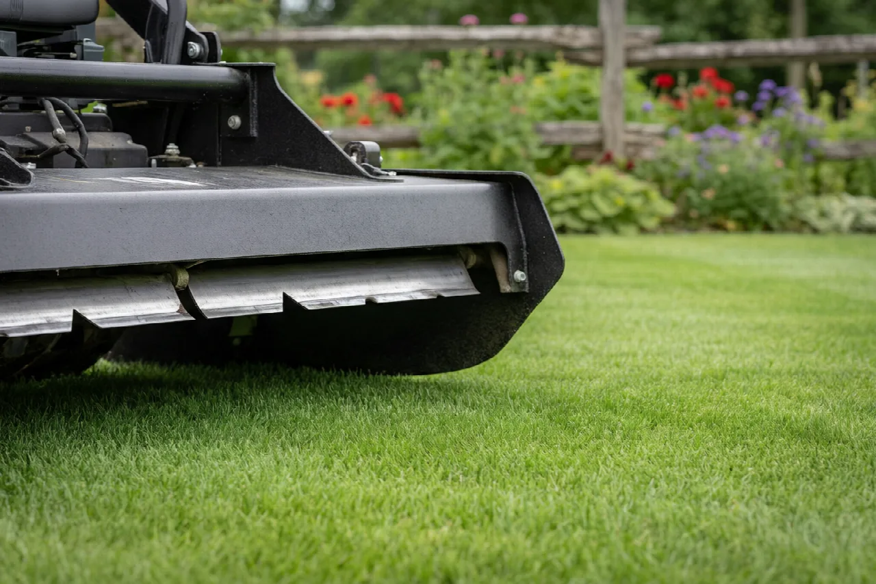 What Size Lawn Mower for 2 Acres? Wide cutting deck of a riding mower on a residential lawn