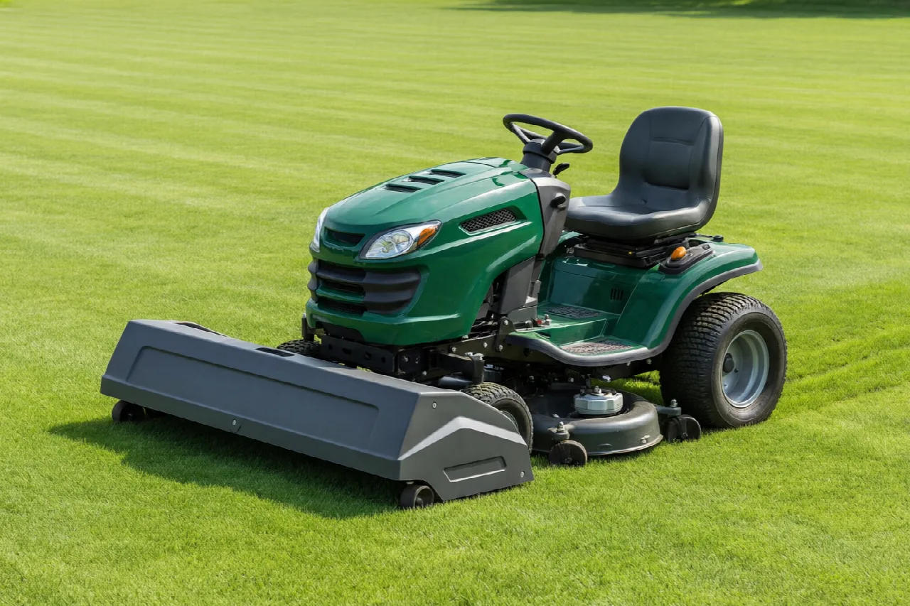 What Size Lawn Mower for 5 Acres? Riding mower with a wide cutting deck on a large lawn