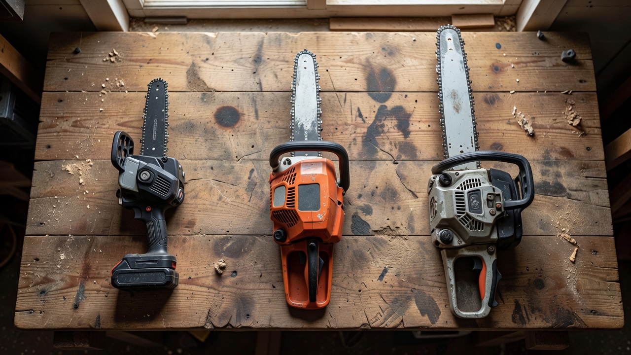 Three chainsaws of increasing bar length arranged side by side from smallest to largest on a wooden workbench