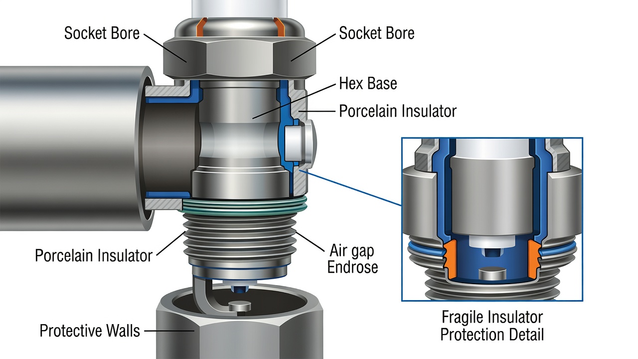 Socket correctly engaging spark plug hex protecting delicate insulator