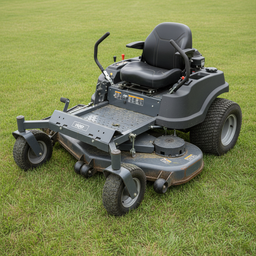 Overhead view of a zero-turn mower showing the deck, tires, and discharge chute.