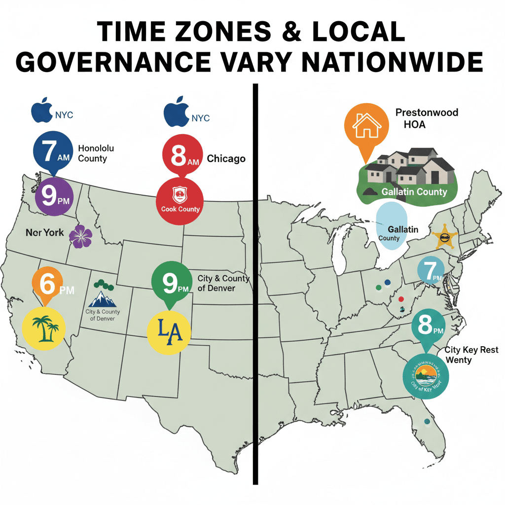US map showing different mowing time regulations across various cities and regions