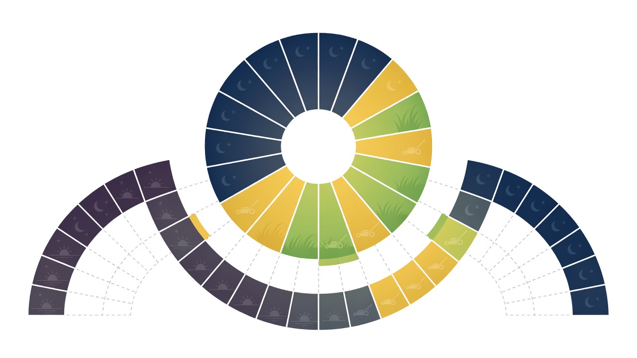 Visual timeline depicting permitted and restricted lawn mowing hours across a 24-hour day