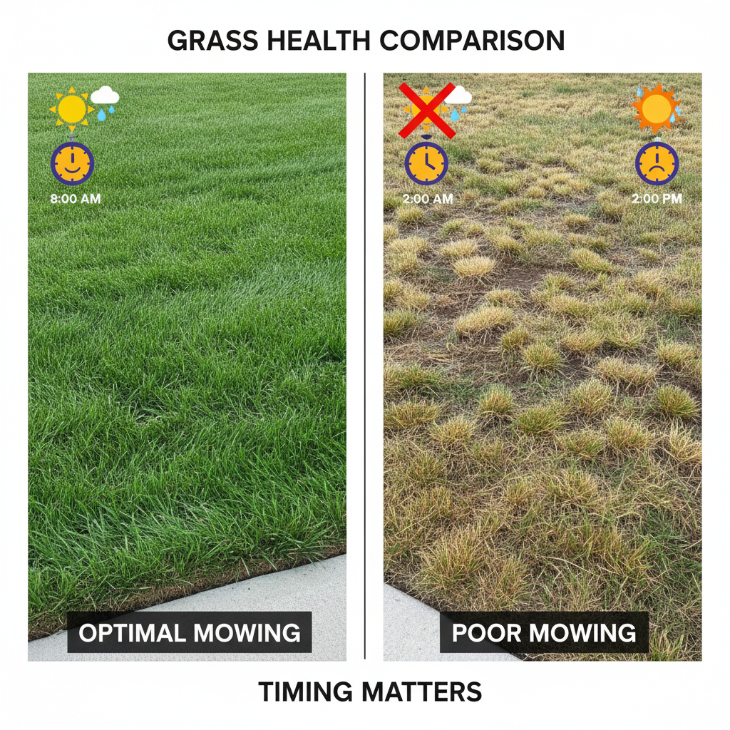 What Time Can You Mow Your Lawn? (Complete Guide to Grass Health & Local Rules) Comparison of healthy lawn versus stressed lawn showing effects of mowing timing