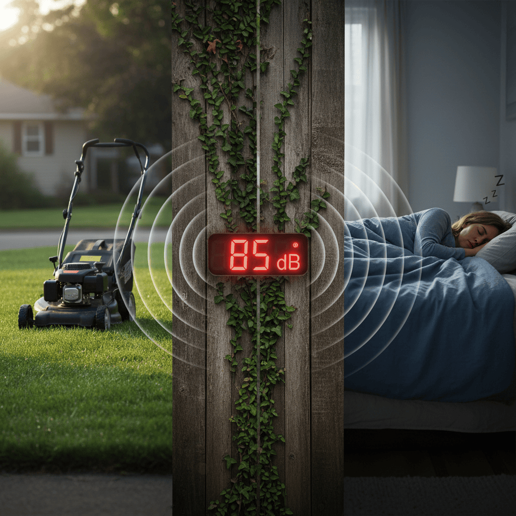 Split-screen showing lawn mower noise levels versus residential quiet hours impact