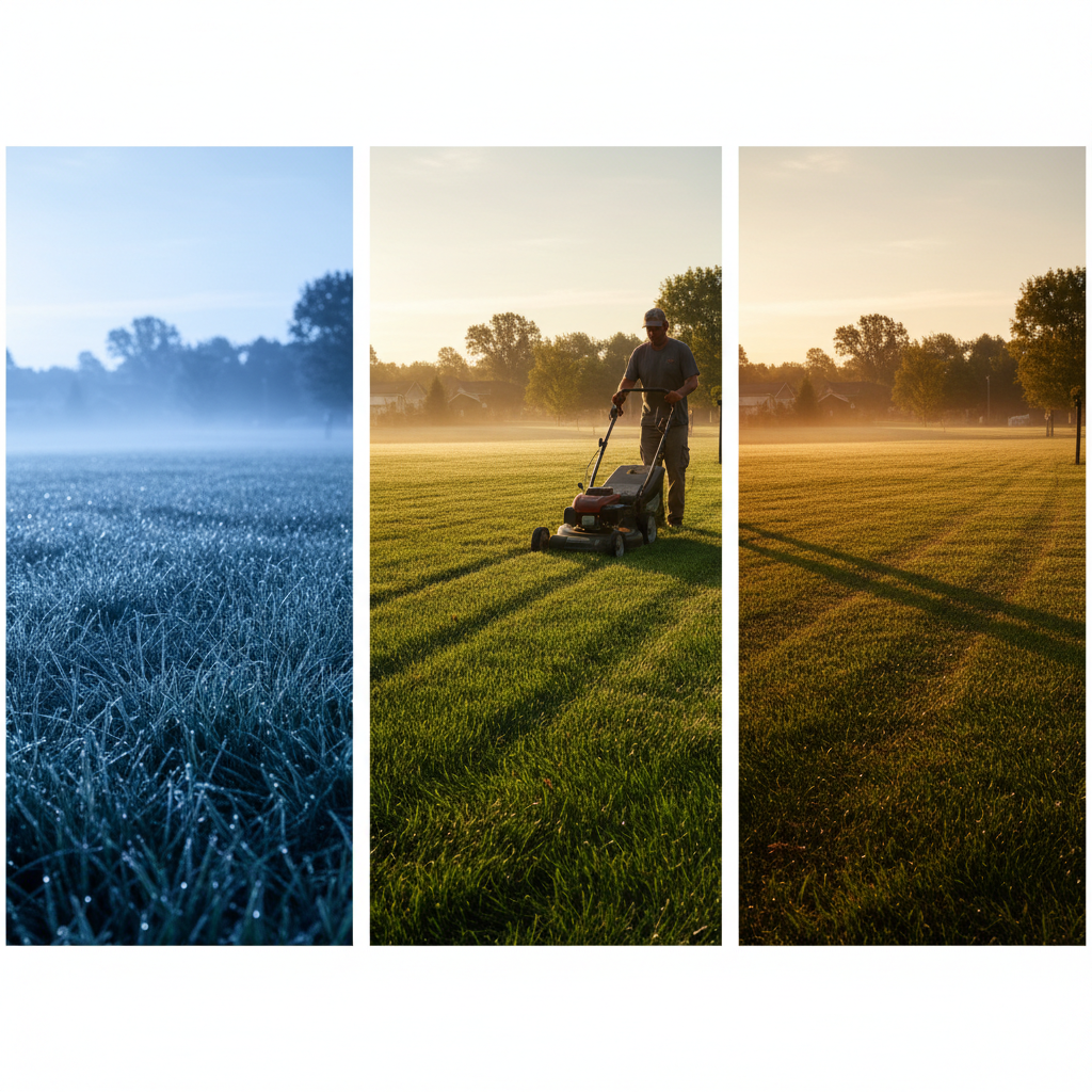 Three panels showing a lawn in early morning dew, mid-morning sun, and evening light