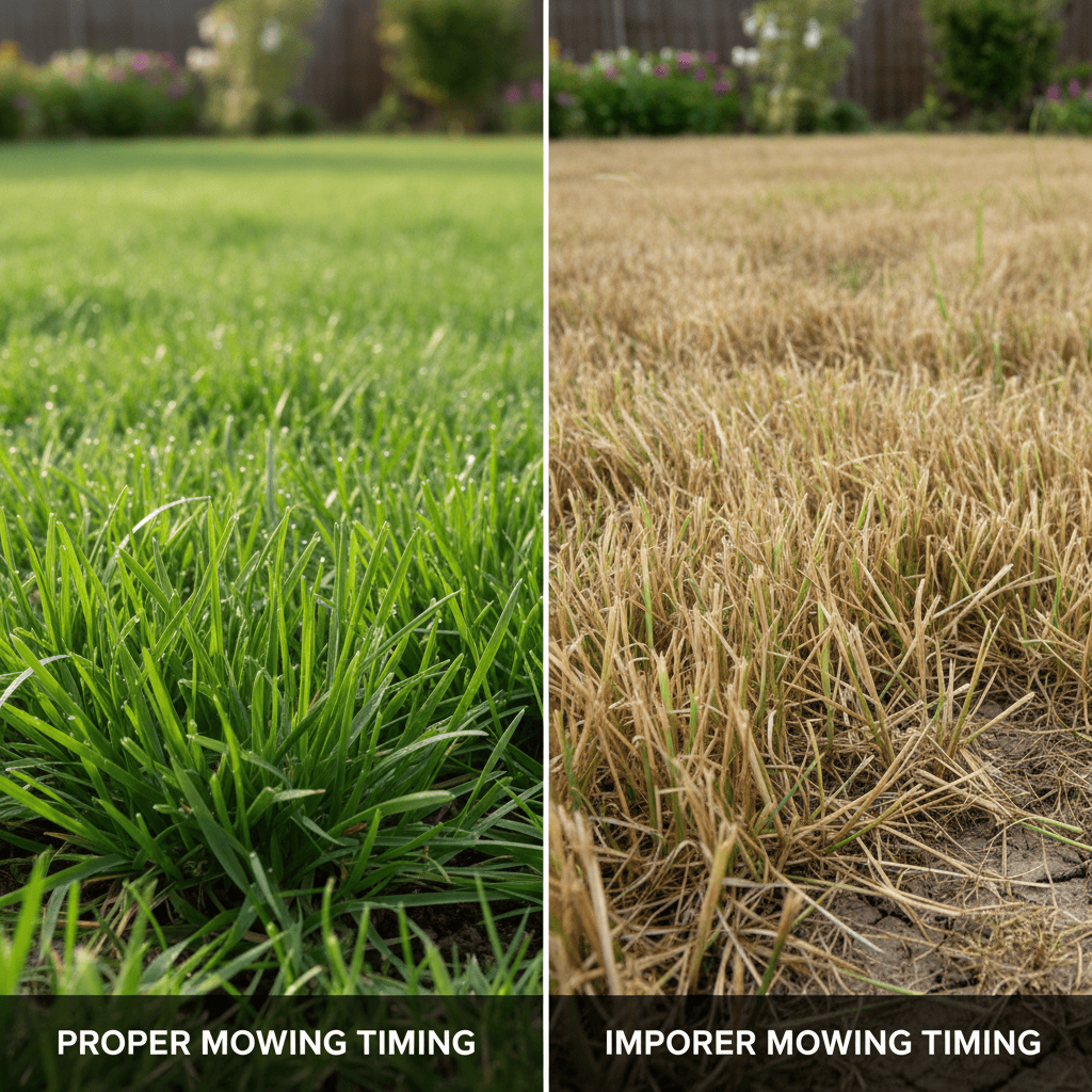 Healthy grass versus stressed grass from poor mowing timing