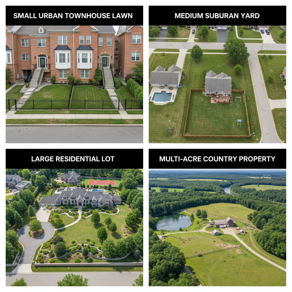 What Should You Charge for Lawn Mowing? (Pricing Guide for Pros & Homeowners) Visual comparison of four different lawn sizes from small to multi-acre