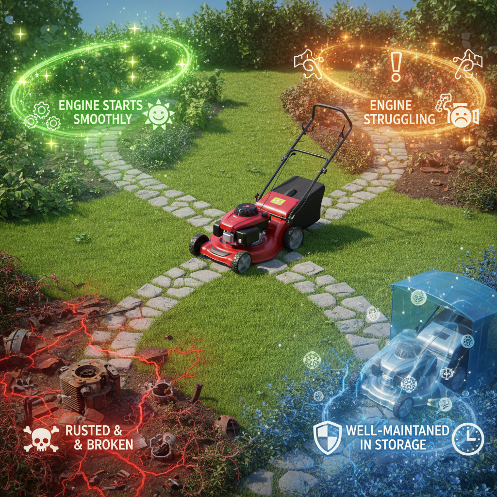 Visual diagnostic showing four different lawn mower condition states with color-coded indicators