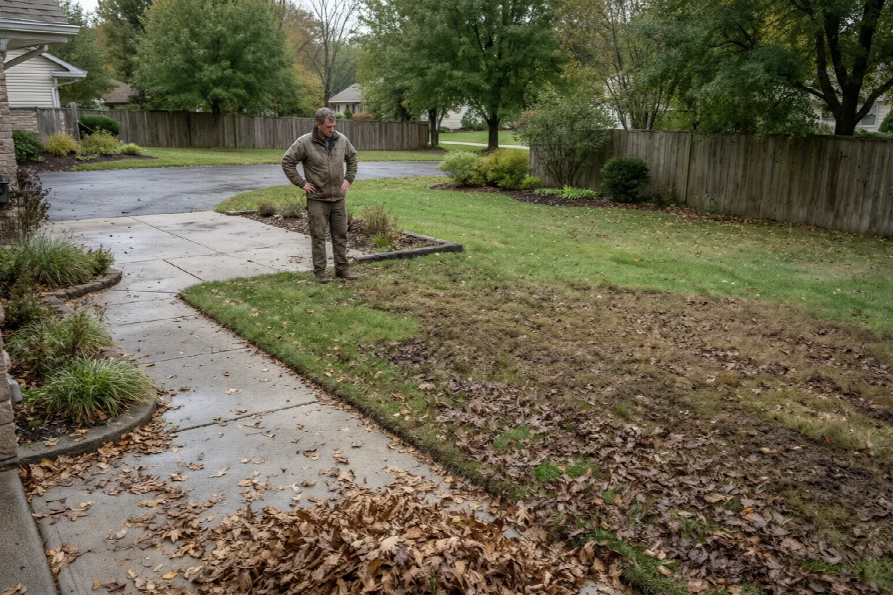 What to Look for in a Leaf Blower Person surveying a mixed suburban yard with dry leaves on pavement and wet leaves in grass