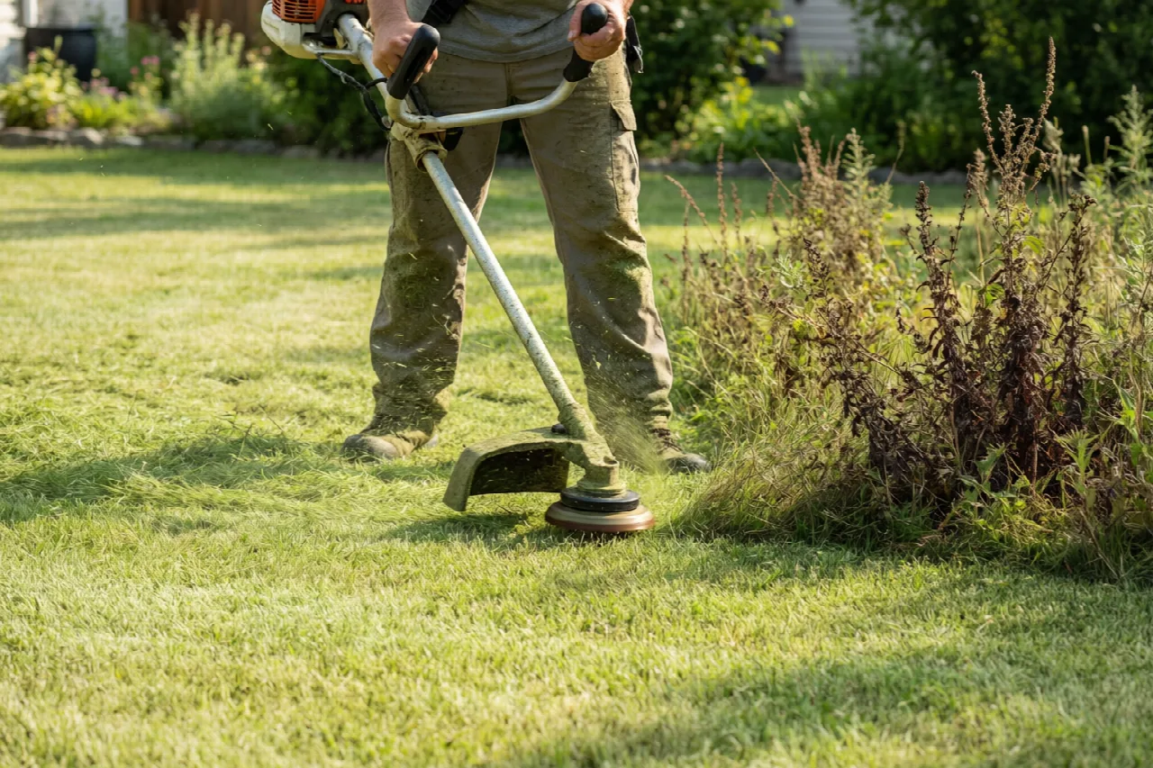 Trimmer line cutting grass and weeds in a yard.