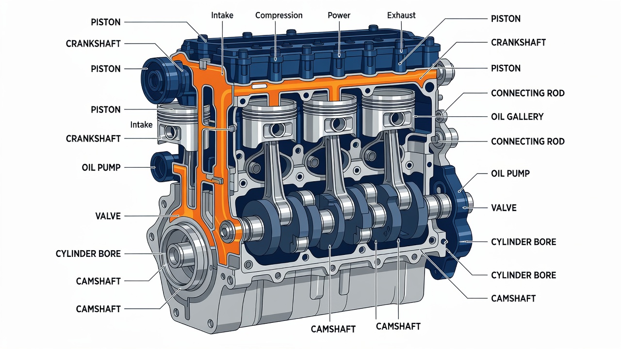 Four-stroke engine internal components cutaway diagram