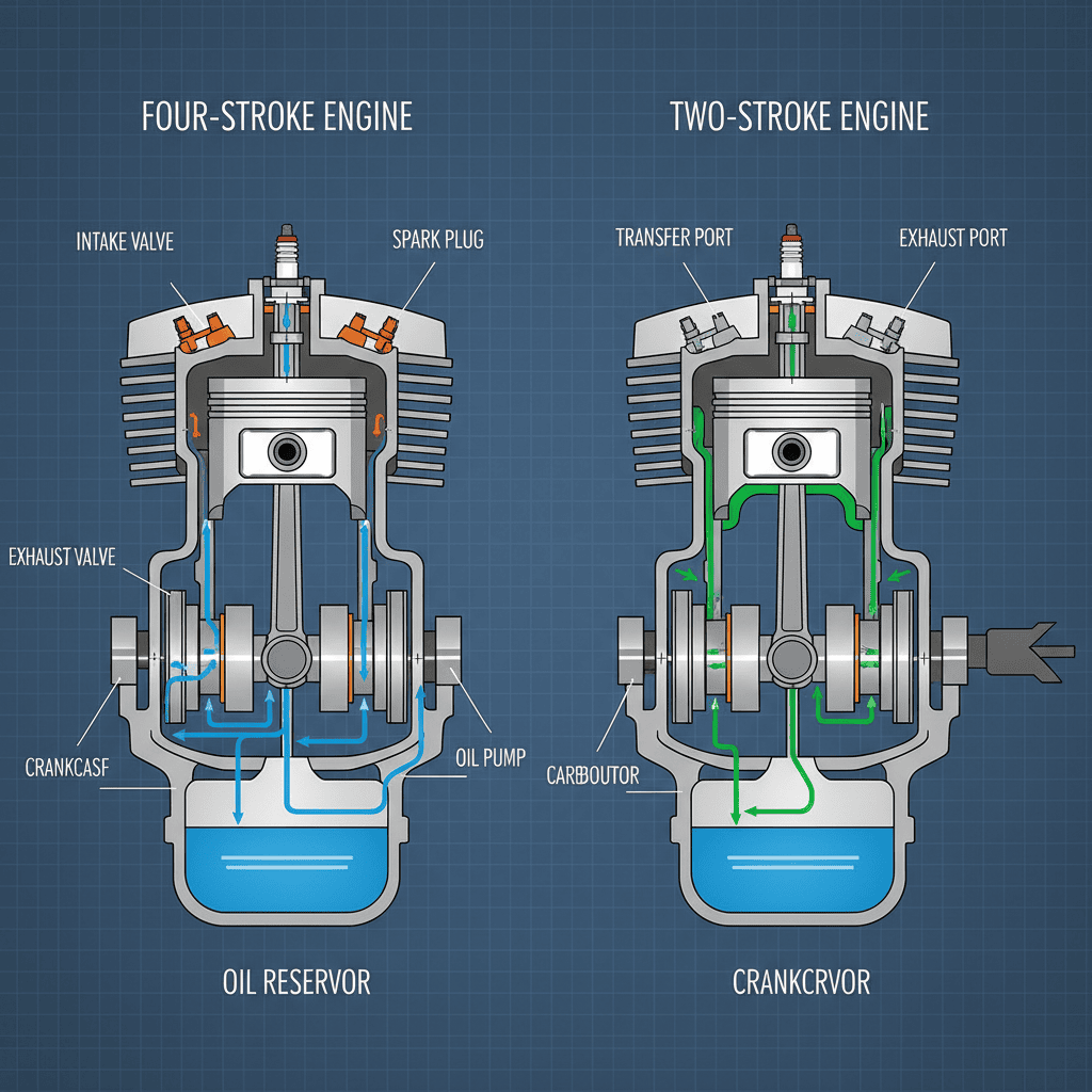 Cutaway comparison of four-stroke and two-stroke engine lubrication systems