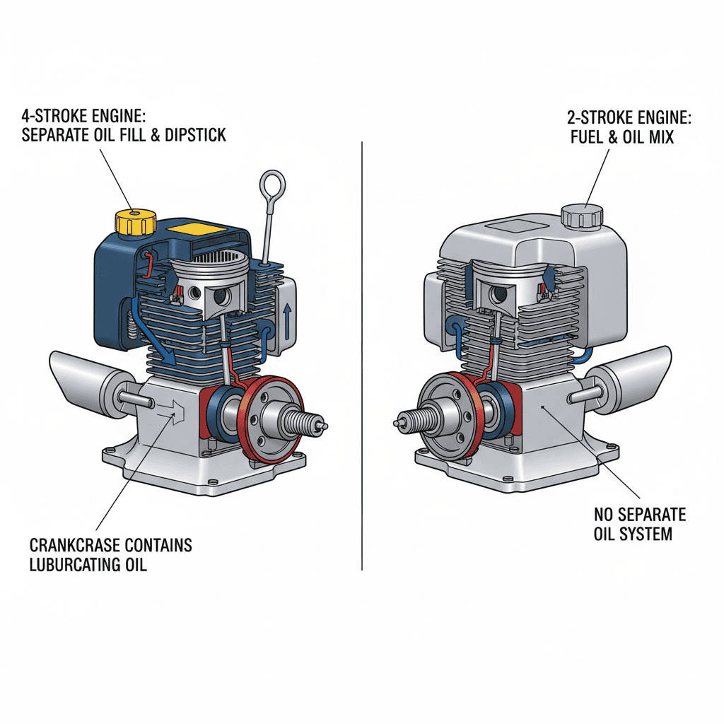Side-by-side comparison of 4-stroke and 2-stroke lawn mower engines showing structural differences