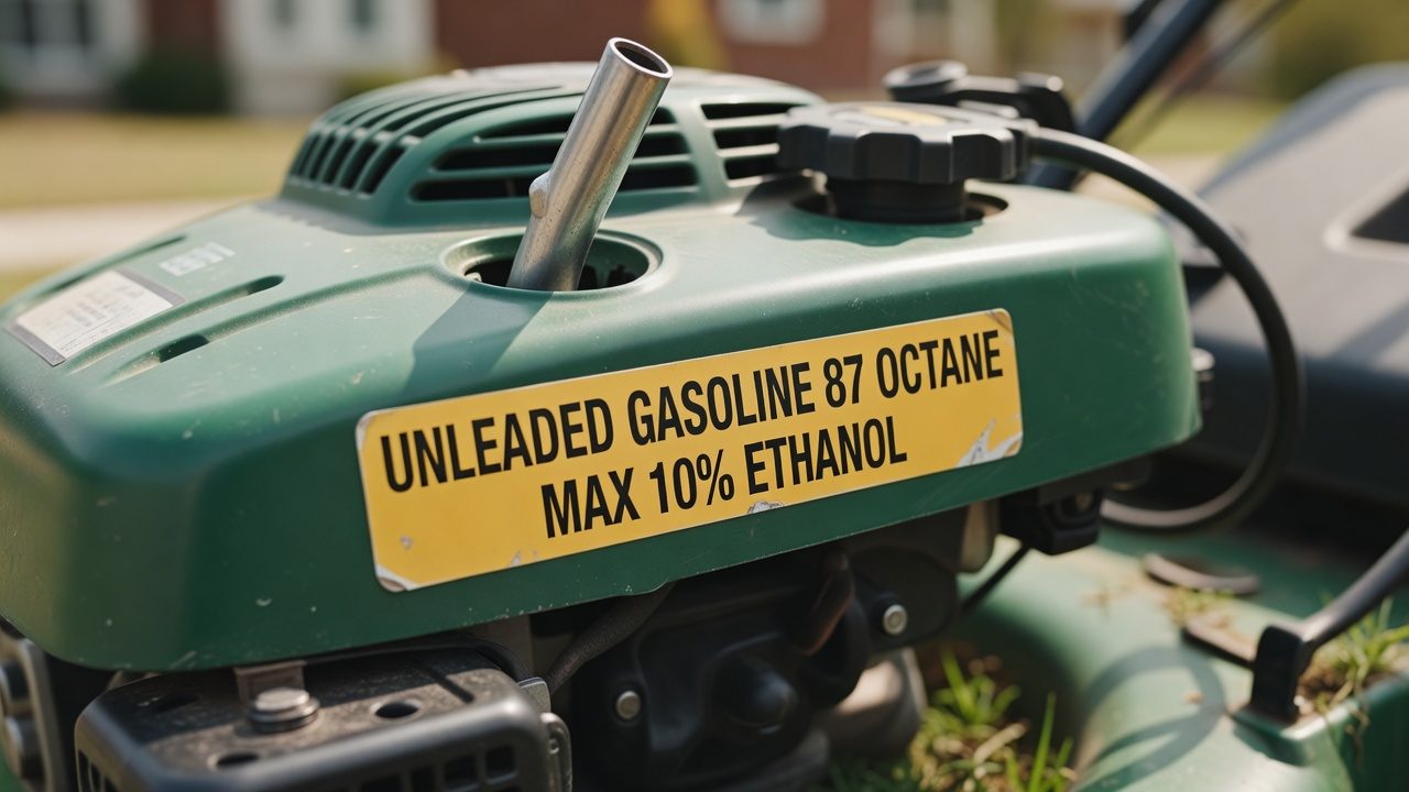 Lawn mower fuel tank with fuel specification decal showing 87 octane and 10% ethanol max