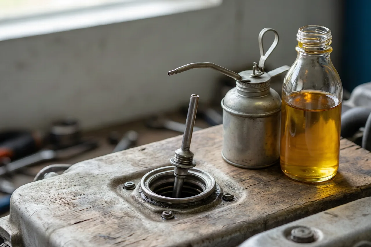 What Type of Oil Does a Craftsman Lawn Mower Take? Close-up of a small engine oil fill port with dipstick and a bottle of motor oil on a workbench