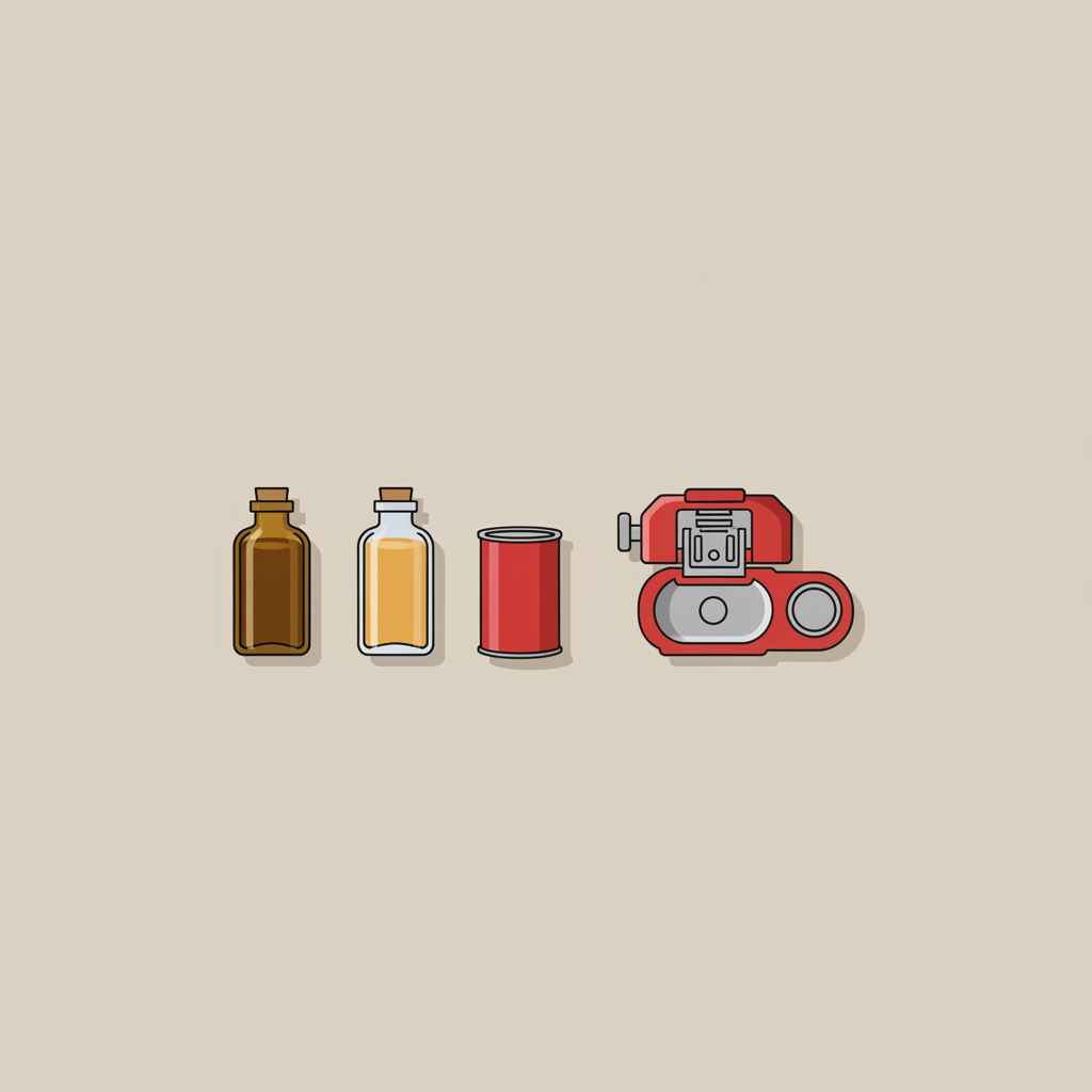 What Type of Oil Does a Craftsman Lawn Mower Use? (Complete Guide) Flat-lay illustration of oil bottles beside a cutaway diagram of a small four-stroke engine
