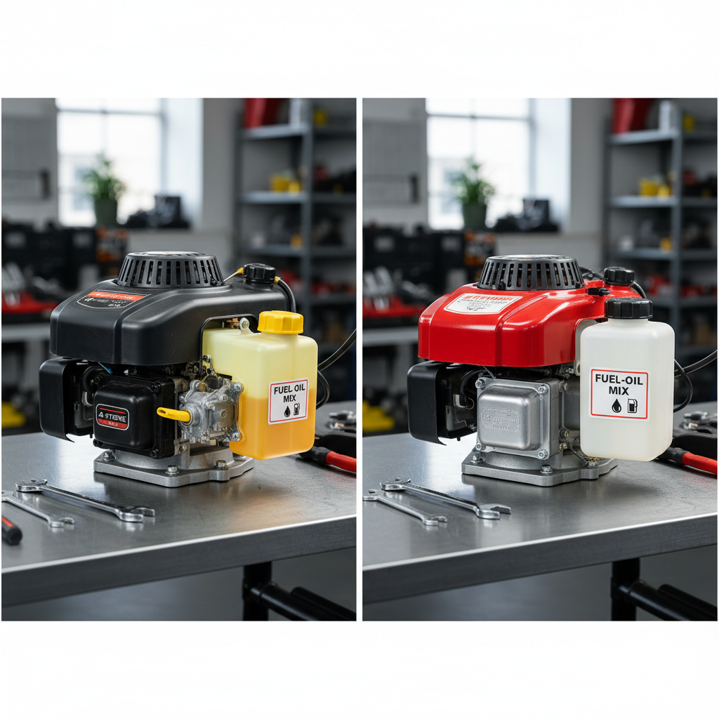 A visual comparison of a 4-stroke and a 2-stroke lawn mower engine.