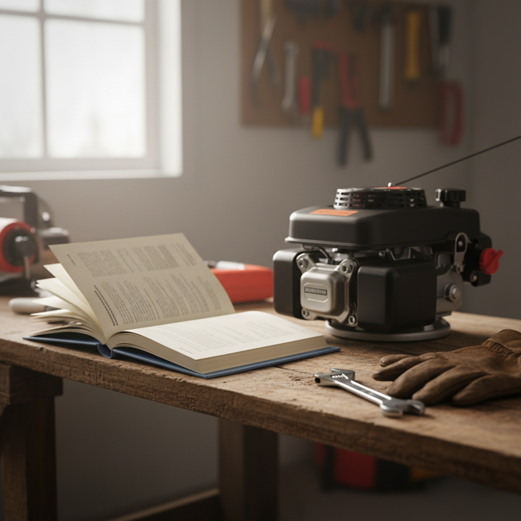 The Golden Rule: Always Check Your Owner’s Manual An open owner's manual on a workbench beside a small lawn mower engine with work gloves and a wrench.